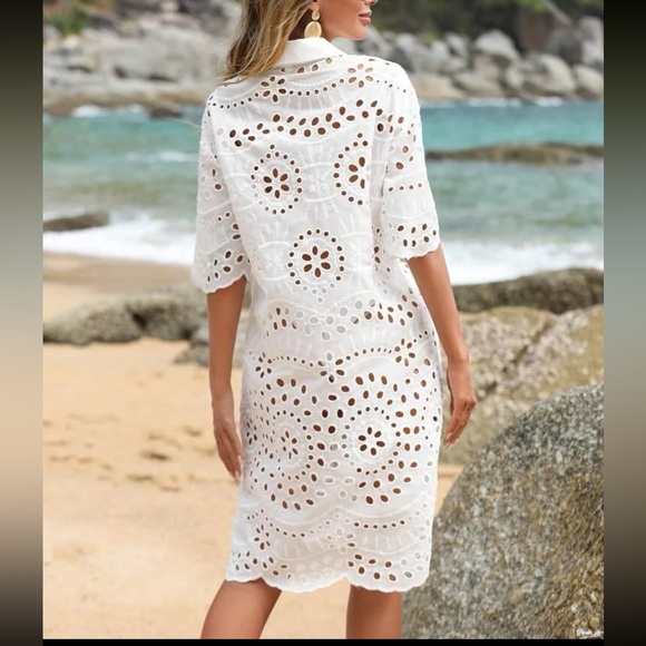White Sheer Eyelet Embroidery Lace Button Down Shirt Dress - Picture 2 of 6